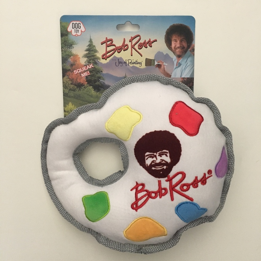 Dog Toy Bob Ross Palette Plush Squeaker White - Multicolor Paint Splotches NEW